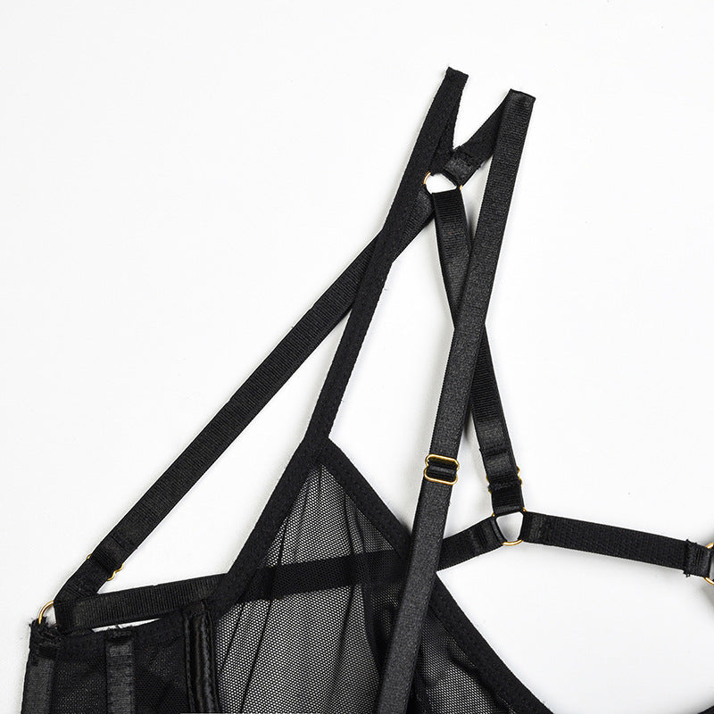 Black Solid Color Mesh Bra Set with Multi-Adjustable Straps Strapy Details