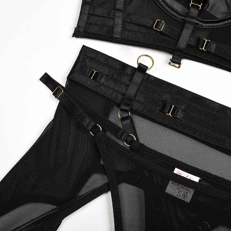 Black Solid Color Mesh Bra Set with Multi-Adjustable Straps Waist Details