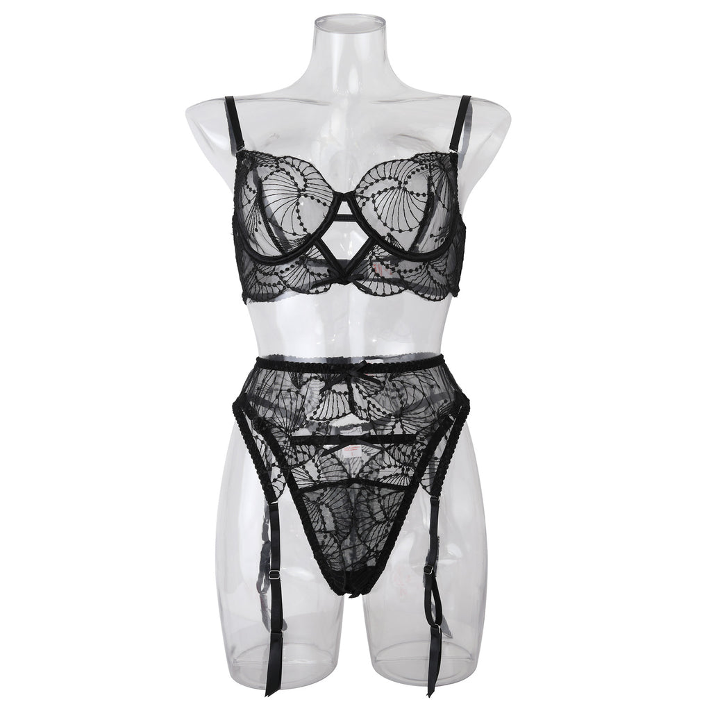 Elegance Sheer Bra and Panty Ensemble with Suspenders Front View