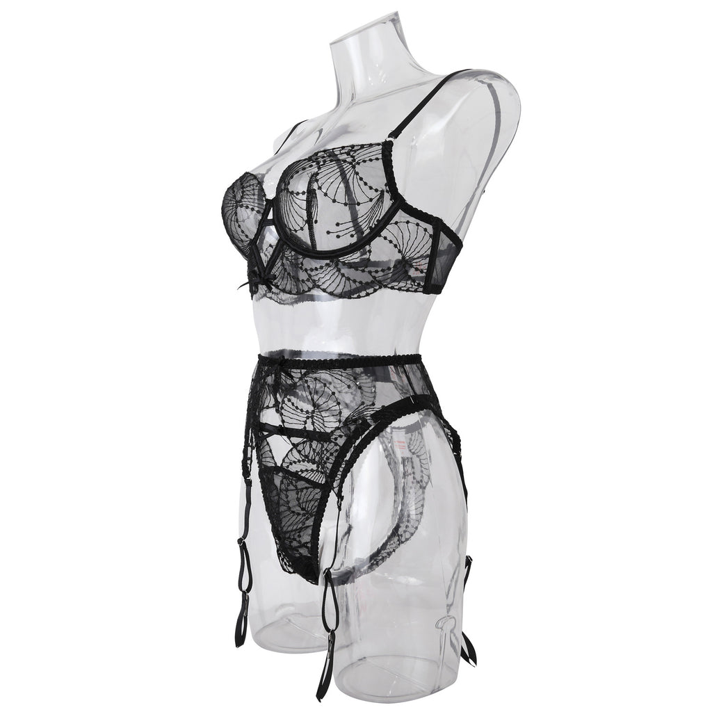 Elegance Sheer Bra and Panty Ensemble with Suspenders Side View