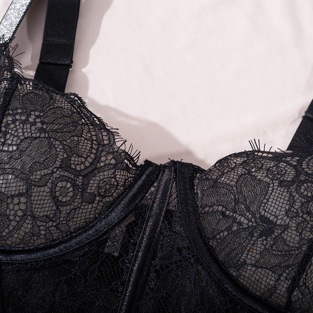 Elegant Black Lace Bodysuit with Ultra-Thin Mesh and Glitter - Wholesale Lingerie Bra details