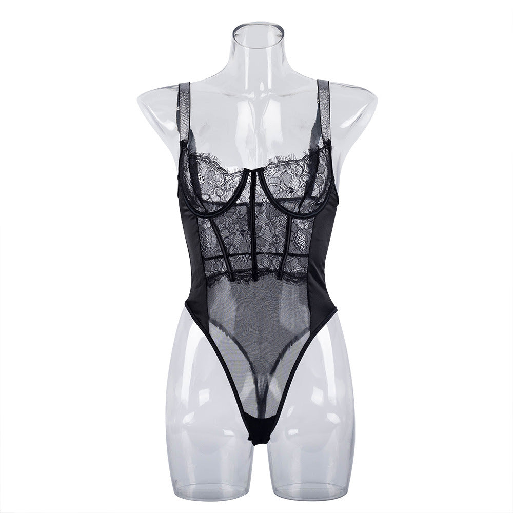Elegant Black Lace Bodysuit with Ultra-Thin Mesh and Glitter - Wholesale Lingerie Front View