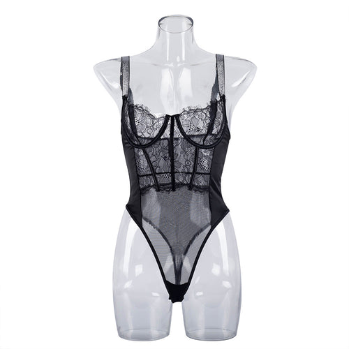 Elegant Black Lace Bodysuit with Ultra-Thin Mesh and Glitter - Wholesale Lingerie Front View