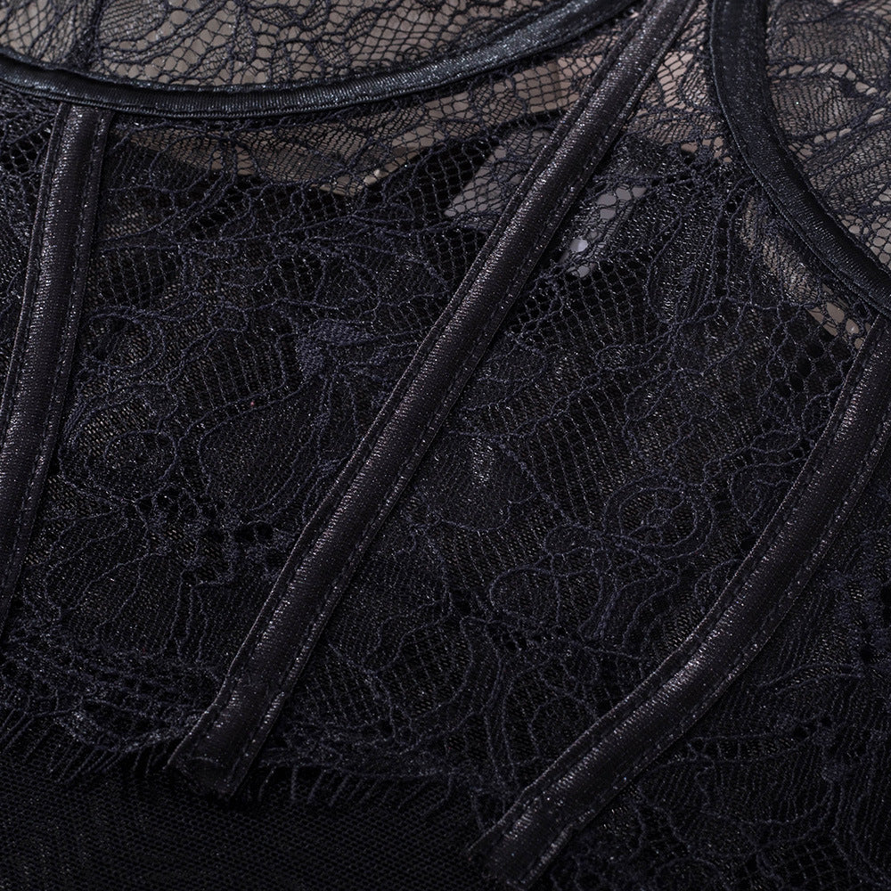 Elegant Black Lace Bodysuit with Ultra-Thin Mesh and Glitter - Wholesale Lingerie Lace Details