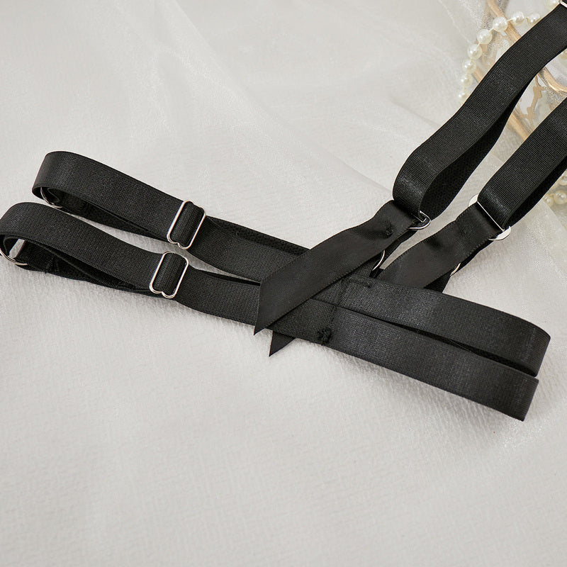 Embroidered Mesh 3-Piece Bra and Panty Set with Red Floral Leg Ring