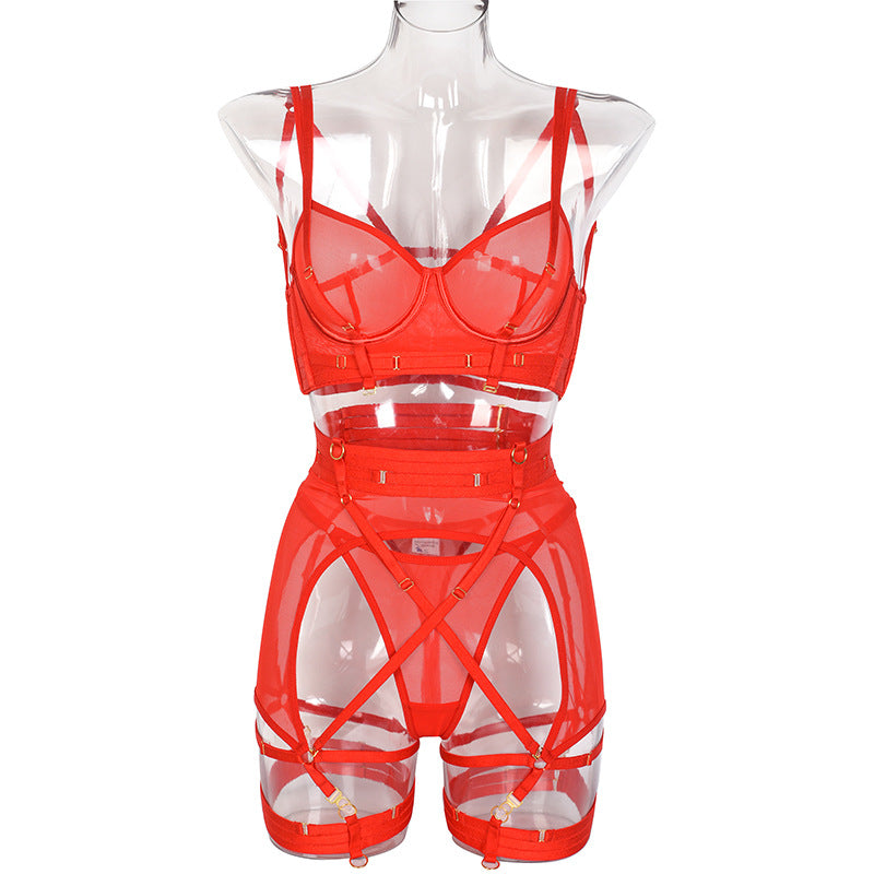 Red Solid Color Mesh Bra Set with Multi-Adjustable Straps Front View