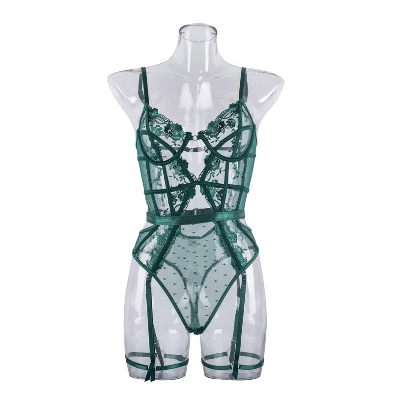 Black Embroidered Sheer Mesh Bodysuit with Open Back Model Show