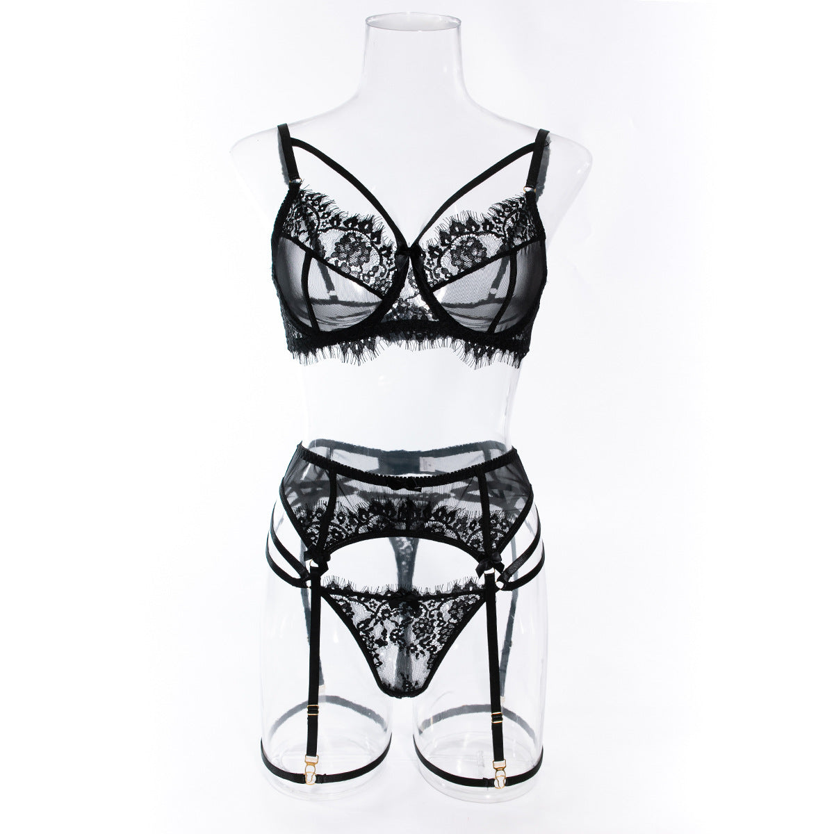 Wholesale Sexy Black Bra Panty Set with Floral Lace Garter Front View
