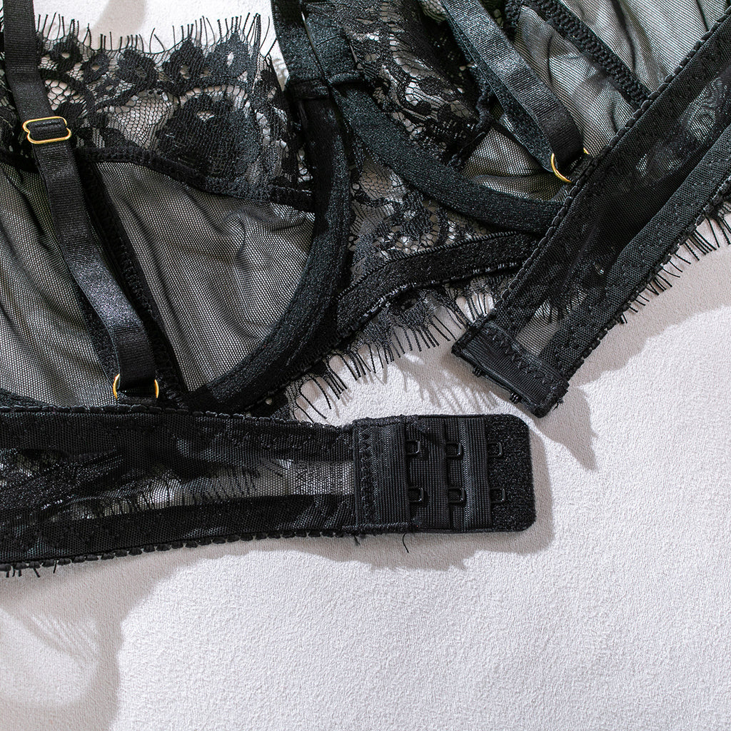 Wholesale Sexy Black Bra Panty Set with Floral Lace Garter. Back Bra Details