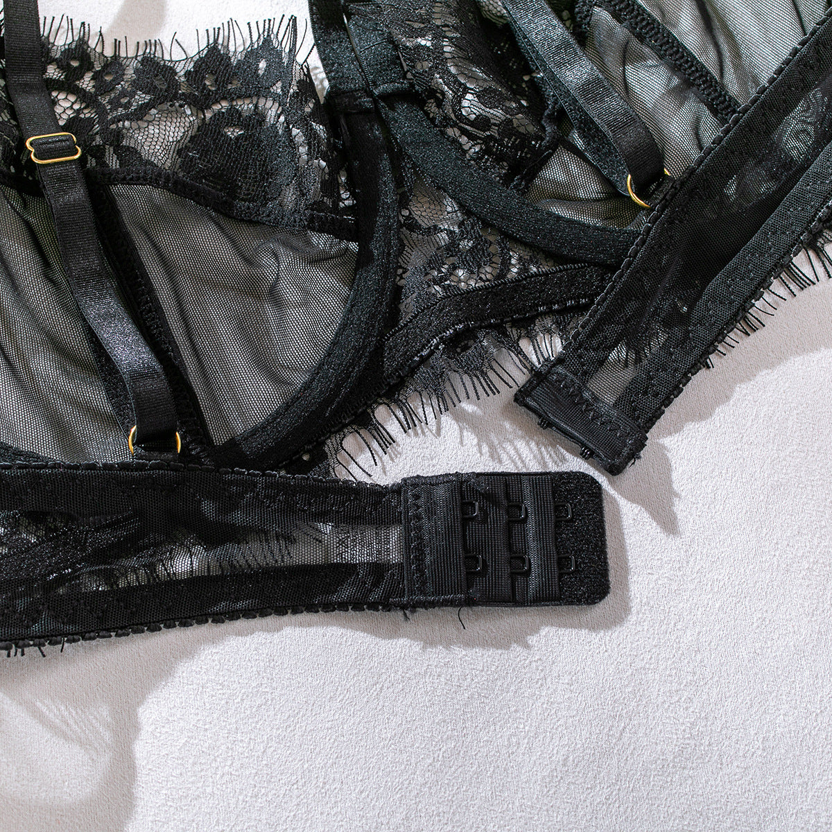 Wholesale Sexy Black Bra Panty Set with Floral Lace Garter. Back Bra Details